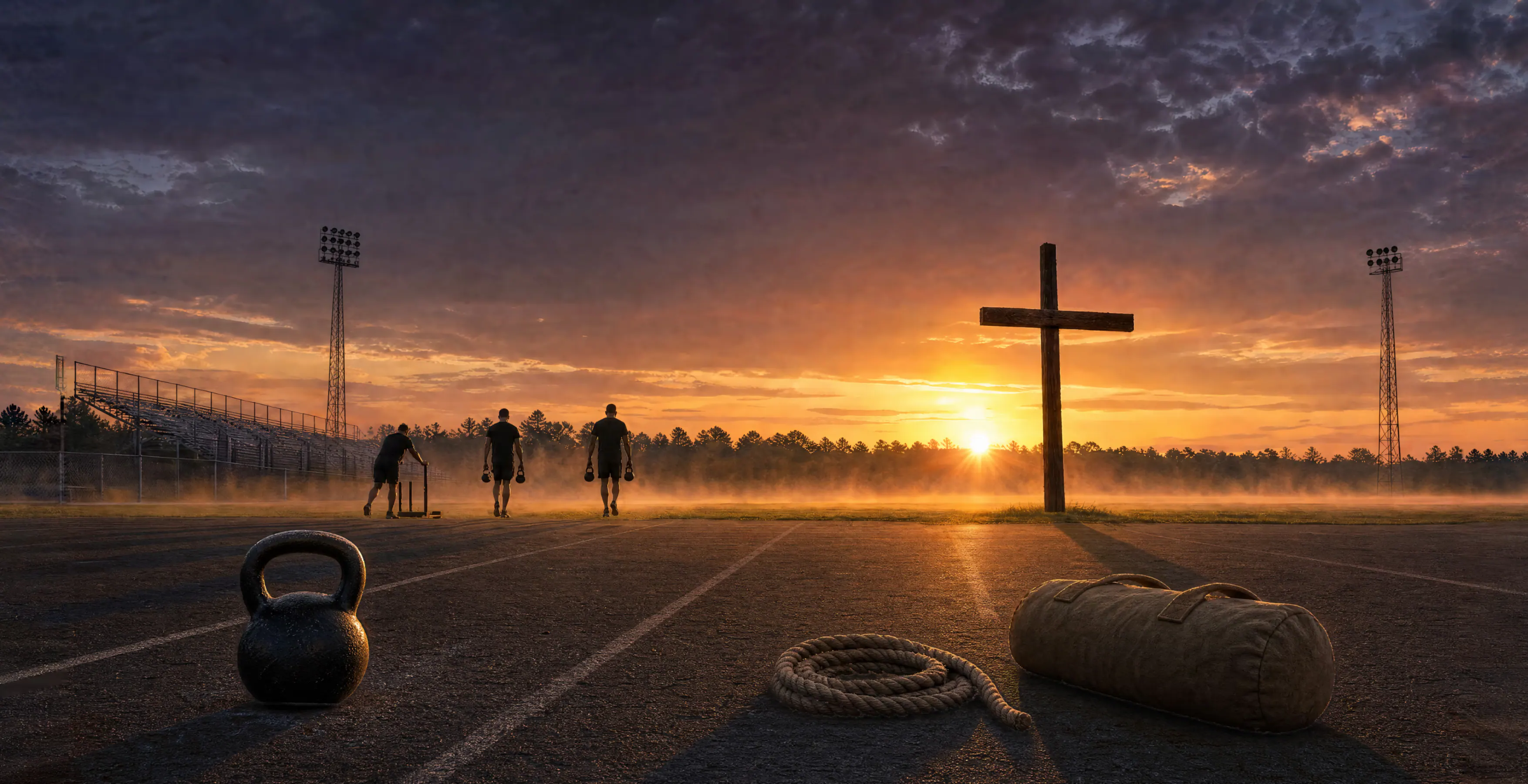 A parking lot at sunrise: a black kettlebell, a coiled rope and an olive sandbag on the asphalt, three men pushing a sled at the edge of the field, a rough timber cross backlit by the rising sun, and a dark treeline with stadium light towers under a gold and violet sky.